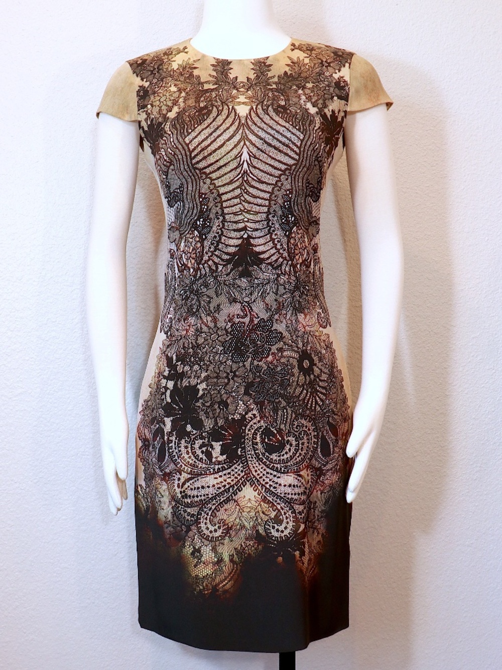 Black & tan silk McQ by Alexander McQueen midi dress